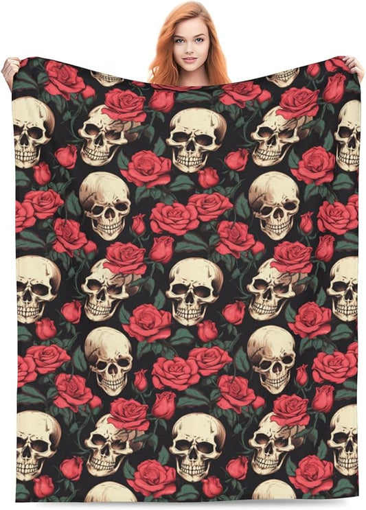 Skull Flower Rose Blanket Gifts for Adults Women Men Gothic Skull Skeleton Flannel Throw Blankets Soft Fuzzy Lightweight for Home Decor Couch Bed Sofa 60x50 Inches