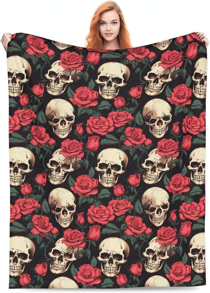 Skull Flower Rose Blanket Gifts for Adults Women Men Gothic Skull Skeleton Flannel Throw Blankets Soft Fuzzy Lightweight for Home Decor Couch Bed Sofa 80x60 Inches