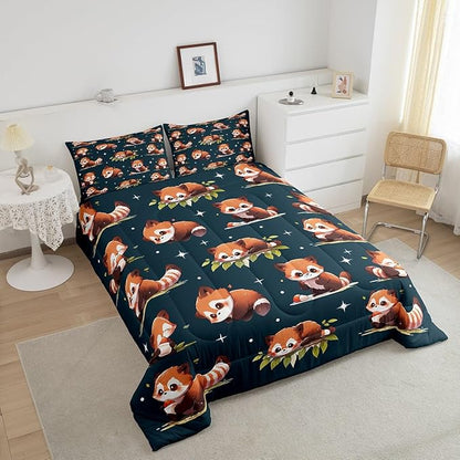 Cartoon Raccoon Comforter Set Cute Brown Wild Animals Hippie Bedding Set for Kids Boys Girls Teens Watercolor Green Leaves Dreamy Microfiber Duvet Set with 2 Pillowcases Full Size 3 Pcs