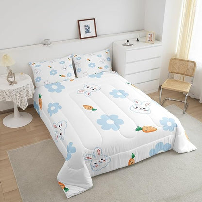 Cartoon Rabbit Kids Comforter Set Queen Size 3 Pcs Blue 70s Groovy Hippie Daisy Bedding Comforter for Kids Boys Girls Teens Orange Carrot Cute Wild Animals Bedroom Quilt Set with 2 Pillowcases