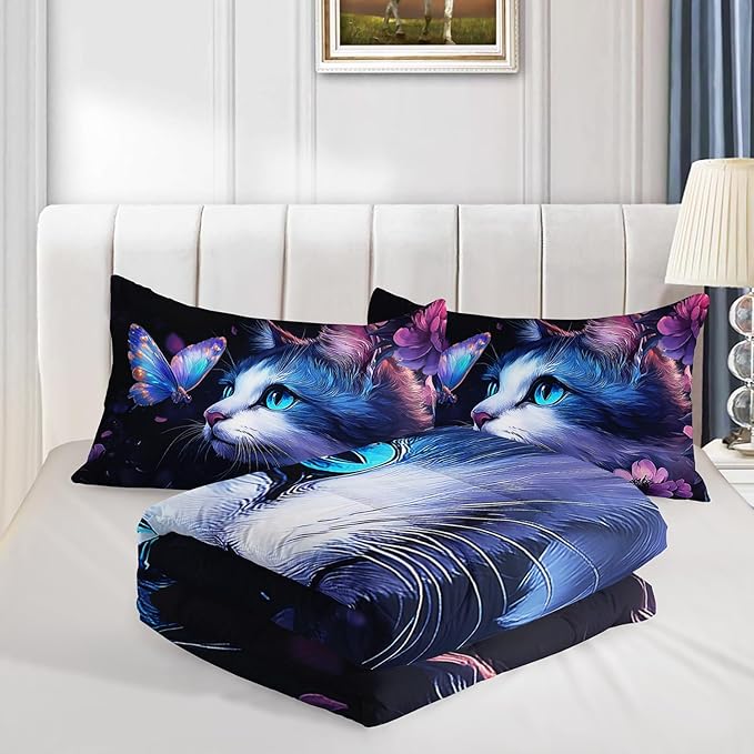 Kids Cat Comforter Set King Size,Fantasy Cats Butterfly Flowers Bedding Set for Kids Girls Kawaii Room Decor,Cute Little Animal Themed Toddler Bedding Set with 2 Pillowcases.
