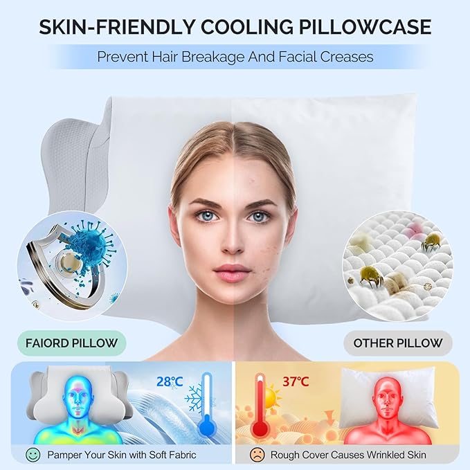 Cervical Pillow for Neck Pain Relief，Ergonomic Cooling Dual-Sided Orthopedic Neck Pillow with Ice Silk Pillowcase, Breathable Memory Foam Contour Pillow for Side, Back, Stomach Sleepers