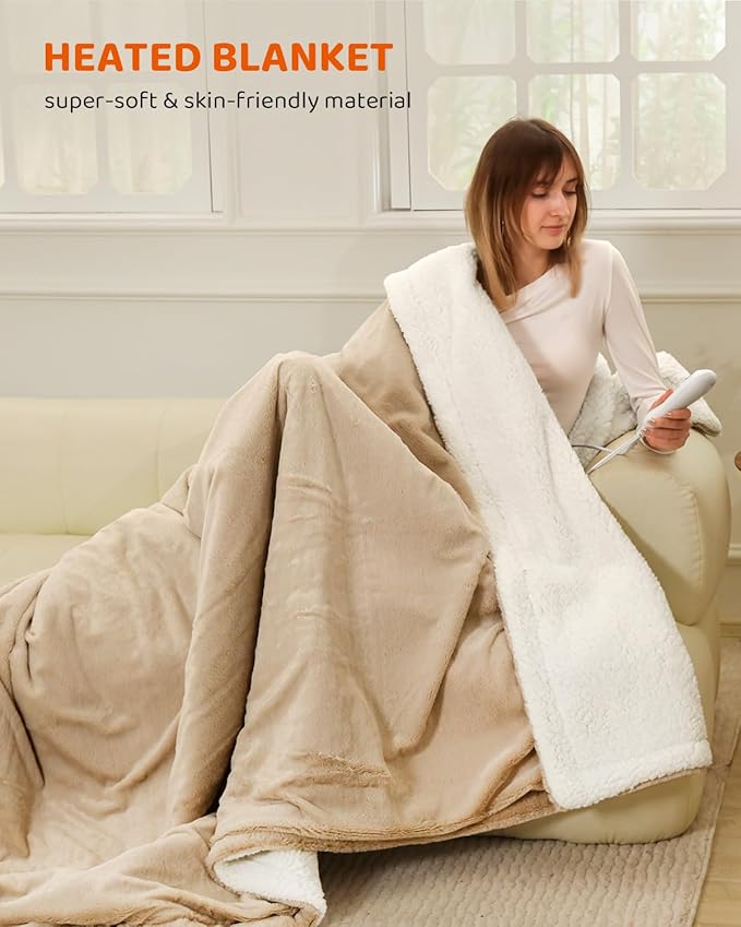 Electric Heated Blanket King Size, Faux Fur Heat Blanket, Super Soft Cozy Heating Blanket with 9 Heating Levels & 1-9 Hours Auto Off, Fast Heat & Overheat Protection, 100" x 90", Beige