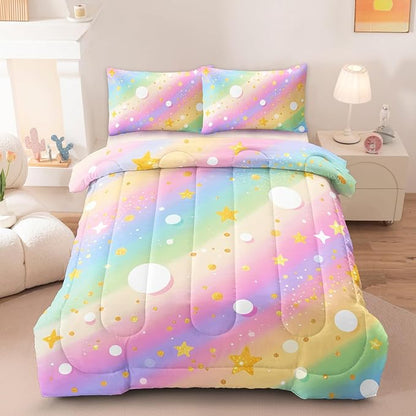 3 Pcs Full Bedding Sets for Girls, Pink Glitter Rainbow Full Size Bed Set, Stars Galaxy Bedding Comforter Set for Girls