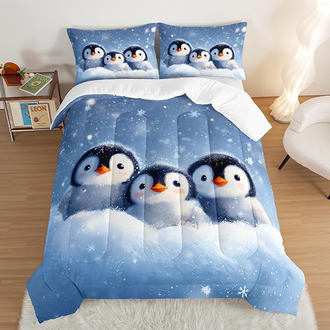 Penguin Comforter Set Twin Size,Antarctic Animal Kawaii Penguin Bedding Sets for Kids Boys Girls Room Decor,Cute Winter Snowflake Pattern Bedding Sets with 2 Pillowcases.