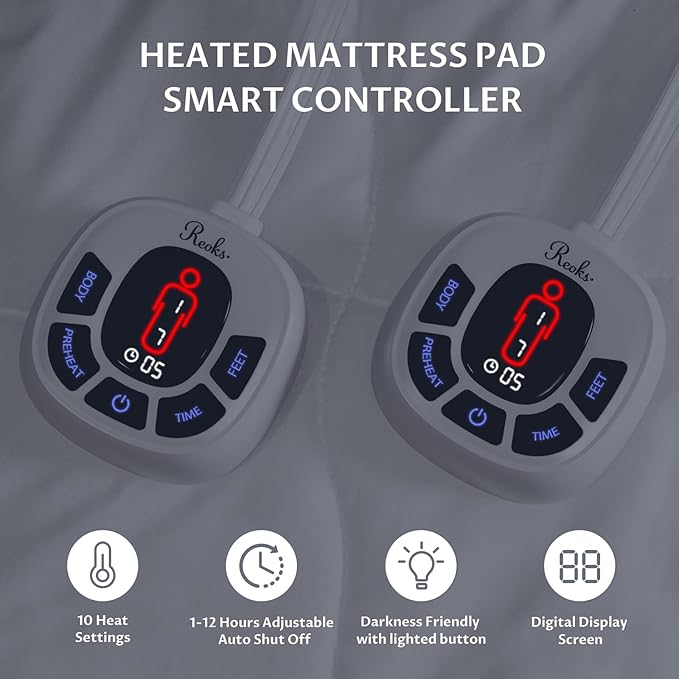 Queen Size Electric Heated Mattress Pad - Multi Zone Bed Warmer with Memory & Preheat Functions, 10 Heat Settings Dual Control for 1-12 Hours Auto Off, Lighted Button