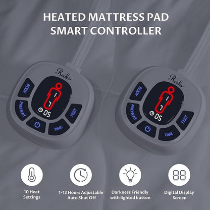 Queen Size Electric Heated Mattress Pad - Multi Zone Bed Warmer with Memory & Preheat Functions, 10 Heat Settings Dual Control for 1-12 Hours Auto Off, Lighted Button