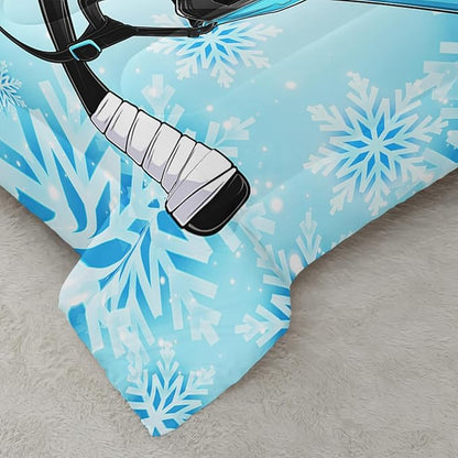 Blue Ice Hockey Comforter 3Pcs Queen Hockey Sports Event Snowflake Bedding Set for Kid Teen Girl Boy Adult Winter Sports Games Hockey Helmet Quilt Bed Decor with 1 Comforter and 2 Pillowcases