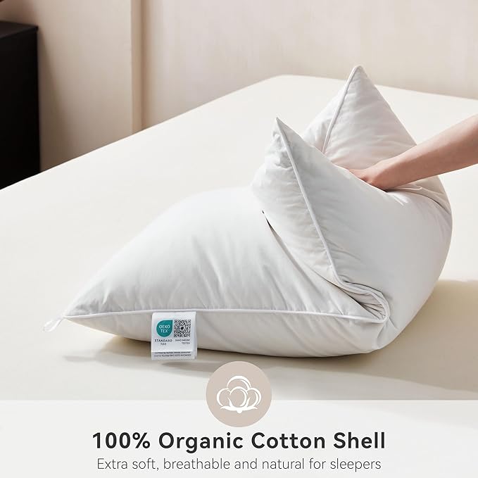 Goose Feather Down Pillows Standard Size Set of 1, Soft Pillows with 100% Organic Cotton Fabric, Luxury Hotel Quality Bed Pillow 1 Pack for Sleeping, Breathable & Fluffy (20" x 26")