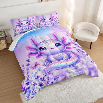 Cute Axolotl Comforter Sets Twin Size,Blooming Lavender Butterfly Printed Bedding Set for Kids Girls Room Decor,Cartoon Ocean Animal Themed Comforter Sets with 2 Pillowcases.