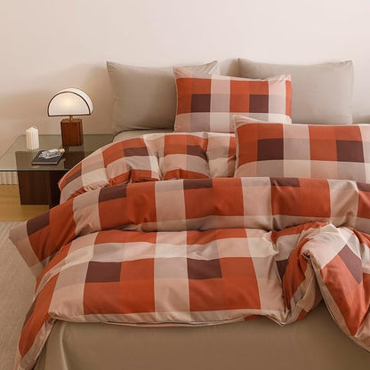 Wellboo Red Plaid Comforter Sets Cal King Taupe and Orange Grid Bedding Comforters Modern Minimalist Checkered Quilt Blankets Women Men Beige Checkerboard Bedding Soft Luxurious Brown Geometric Bed