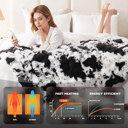 Cow Print Heating Throw Blankets Luxurious Western Soft Bubble Faux Rabbit Fur 8 Heat Settings Overheat Protection Quick Heating Electric Heated Blanket 50"x60"(Black)