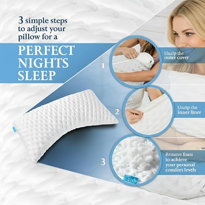 Bed Pillow for Side and Back Sleepers – Curved Cooling Pillow for Neck and Shoulder Pain Relief – Adjustable Memory Foam Pillow with Washable Cover – Queen Size with Extra Fill (White)