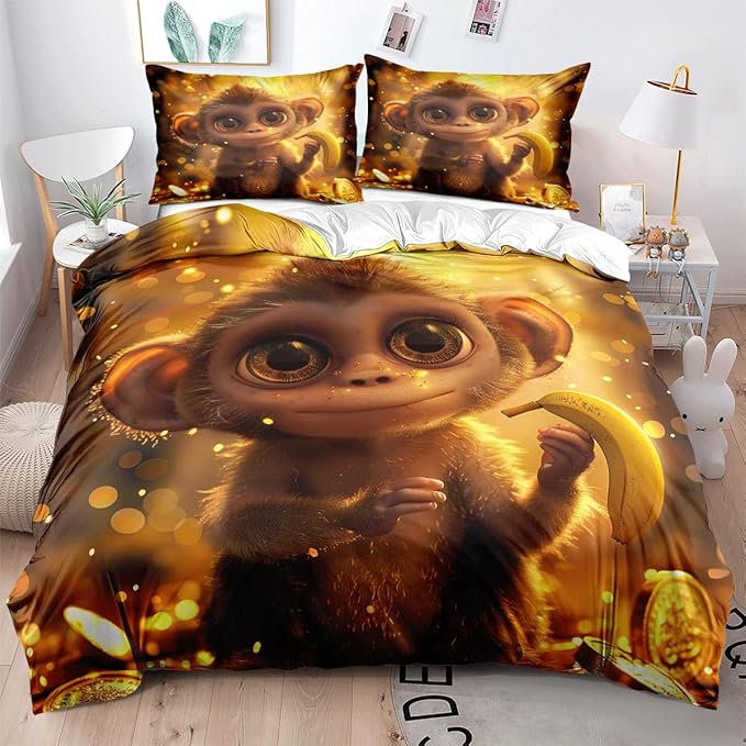 Cartoon Monkey Bedding Set Twin Size Little Monkey Duvet Cover Set Gold Monkey Quilted Duvet with 2 Pillow Case for Kids Boys Girls Teens,Twin