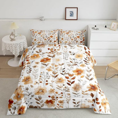 Erosebridal Vintage Floral Queen Comforter Set,Tan Beige Orange Flower Bedding Sets for Kids Girls,Country Farmhouse Flowers Bed Set,Boho Chic Wildflower Room Decor,2 Pillowcases Breathable