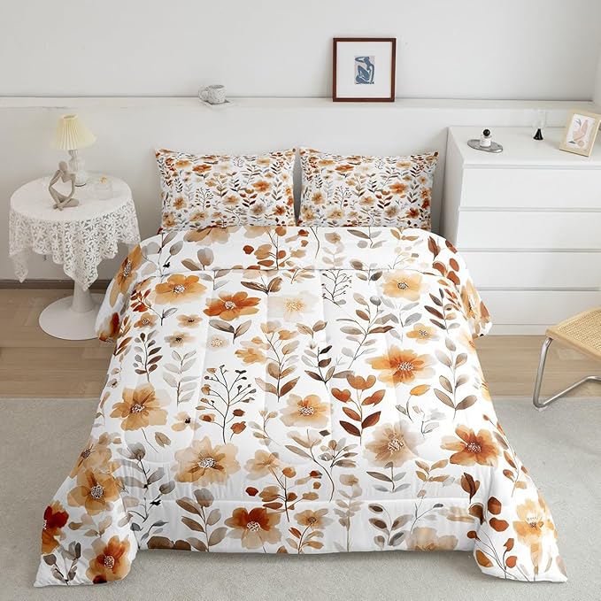 Erosebridal Vintage Floral Full Comforter Set,Tan Beige Orange Flower Bedding Set for Kids Girls,Country Farmhouse Flowers Quilt,Boho Chic Wildflower Bedroom Decor,2 Pillowcases Breathable