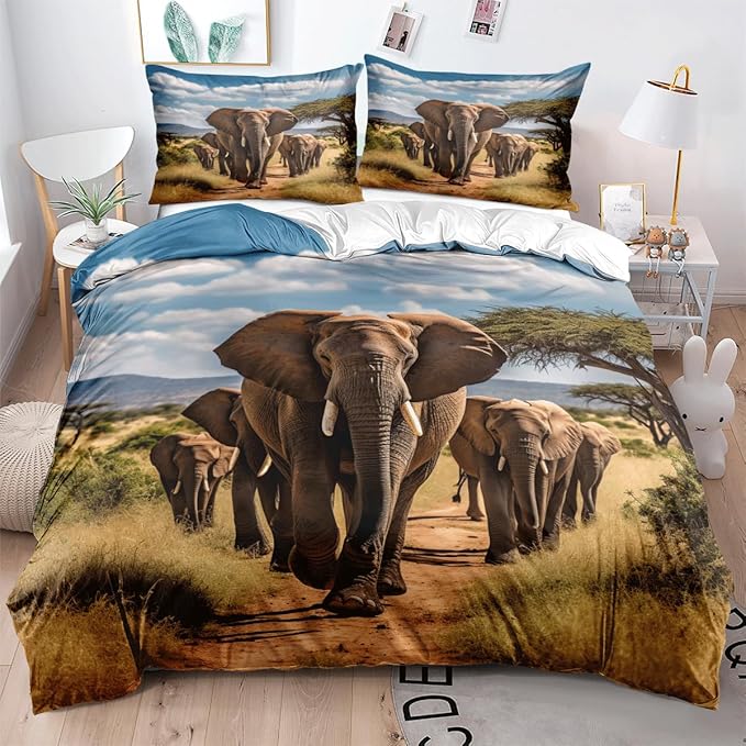 Elephant Duvet Cover Set African Wild Animal Elephant Population Wild Natural Scenery Print Bedding Quilt Set for Kids Boys Girls Teens Living Room Decorative,Full