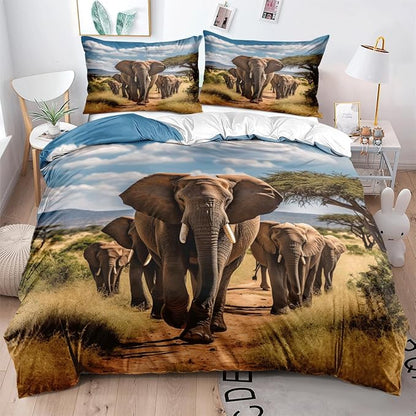 Elephant Duvet Cover Set African Wild Animal Elephant Population Wild Natural Scenery Print Bedding Quilt Set for Kids Boys Girls Teens Living Room Decorative,Full