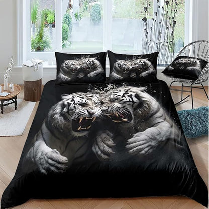 Tiger Bed Duvet Cover Sets King Size with 2 Pillowcases for Kids Boys Teens Adult Bedroom Decor, Animal Petal Country Bedding Decor