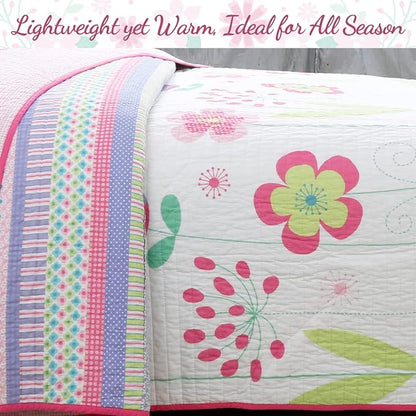 Cozy Line Home Fashions Pink Lavender Green Floral Print Girl 100% Cotton Reversible Quilt Bedding Set, Coverlet, Bedspread (Blossom, Twin - 2 Piece)