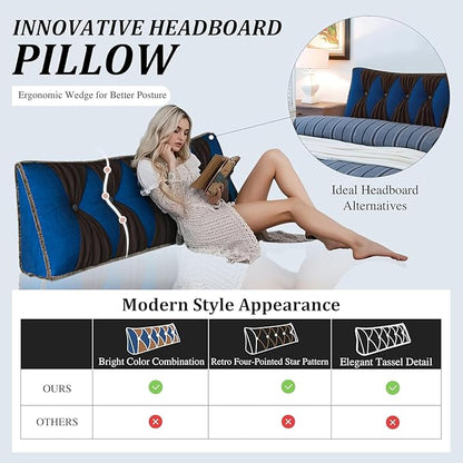 WOWMAX Headboard Pillow Queen, Triangular Wedge Pillow Headboard, Wedge Headboard Pillow for Bed Sofa, Daybed Pillows for Sitting up, Reading or Working with Removable Cover, Blue-Coffee