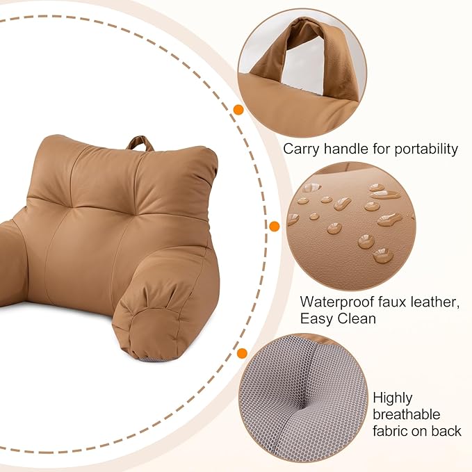 A Nice Night Faux Leather Reading Pillow for All Season,Wedge Bedrest Pillow Backrest with Arms Back Support for Sitting Up in Bed/Couch,Coral