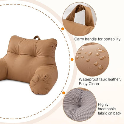 A Nice Night Faux Leather Reading Pillow for All Season,Wedge Bedrest Pillow Backrest with Arms Back Support for Sitting Up in Bed/Couch,Coral