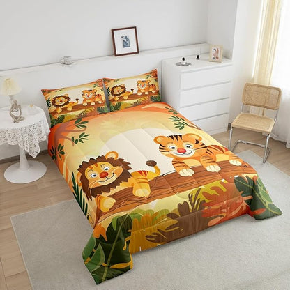 Lion Tiger Comforter Set King Size for Kids Cartoon Wild Animal Bedding Sets All Season Nature Tropical Jungle Quilt Set Bedroom Decor Cute Wildlife Down Comforter,3Pcs