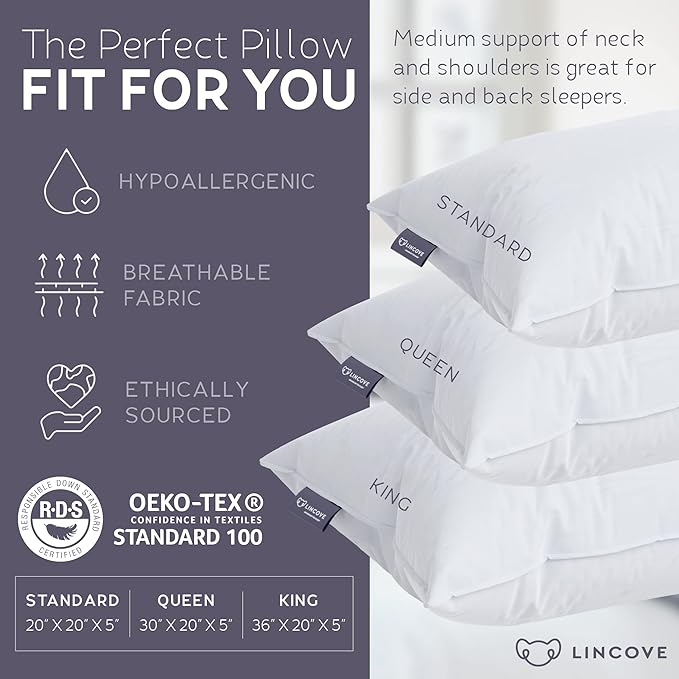 Lincove Down and Feather Luxury Hotel Collection Bed Pillows for Sleeping Made in The USA - 100% Cotton Shell, 600 Thread Count - Soft Hypoallergenic (Standard Size, Pack of 2)