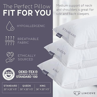Lincove Down and Feather Luxury Hotel Collection Bed Pillows for Sleeping Made in The USA - 100% Cotton Shell, 600 Thread Count - Soft Hypoallergenic (Standard Size, Pack of 2)