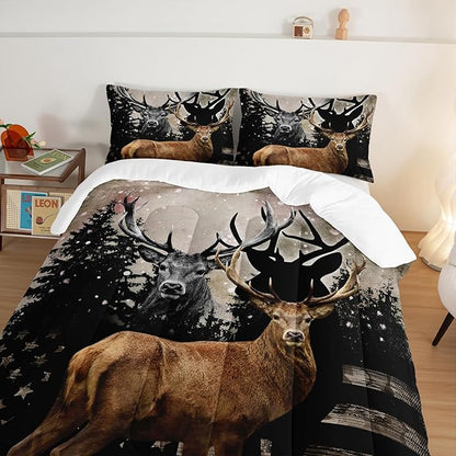 HOSIMA Snowy Forest Deer Comforter Set with 2 Pillowcases,Camo American Flag King Size Comforter Set Hunting Bedding for Teen Mens Bedroom Essentials,Wildlife Elk Comforter Boys Room Decor.