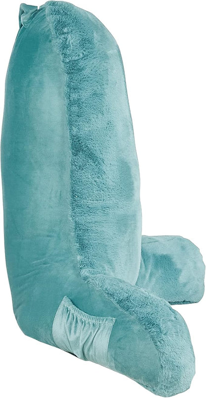 Faux Fur Assembly Need DIY Extra Large Backrest Reading Bed Rest Pillow with Arms and Pockets for Sitting in Bed Couch Sofa, Removable Cover & Filling Seprated, 28" x 30" x17", Aqua Blue