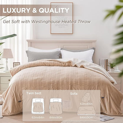 Westinghouse Electric Heated Blanket - Queen Size, Soft Flannel to Sherpa, 10 Heating Levels, 12 Hour Auto Off, Machine Washable, 84x90 Inch, Beige