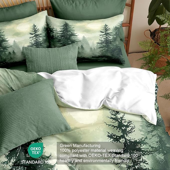 Pine Tree Duvet Cover King Size Forest Olive Green Duvet Cover Set Gradient Watercolor Botanical Bedding Set Soft Breathable Microfiber Comforter Cover(2 Pillowcases, No Comforter)