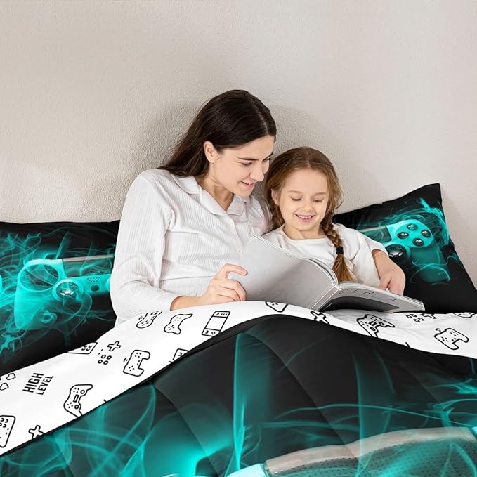Feelyou Kids Gamer Comforter Set Queen Size Teens Gamepad Bedroom Decor for Boys Girls Video Game Controller Bedding Set Youth Gaming Console Comforter Blue Black with 2 Pillow Case