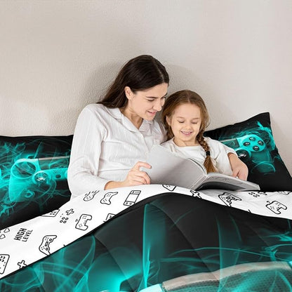 Feelyou Kids Gamer Comforter Set Queen Size Teens Gamepad Bedroom Decor for Boys Girls Video Game Controller Bedding Set Youth Gaming Console Comforter Blue Black with 2 Pillow Case