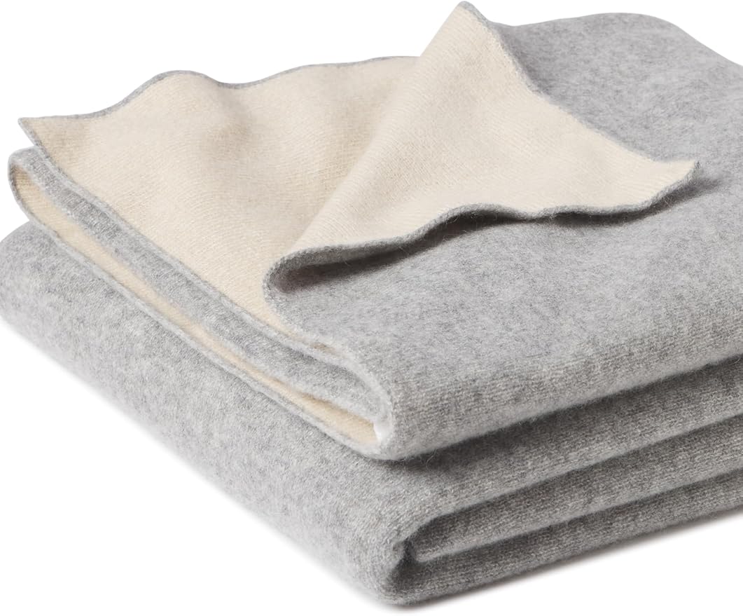 State Cashmere Reversible Throw Blanket - Ultra Soft Accent Blanket for Couch, Sofa & Bed Made with 100% Inner Mongolian Cashmere - Crafted Home Accessories - (Beige/Heather Grey, 60"x50")