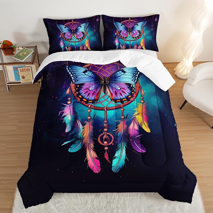 HOSIMA Dream Catcher Comforter Set 3Pcs,Indian Hippie Feather Twin Comforter Boho Chic Bedding Set for Teens Adults Girls Room Decor Native American Gypsy Butterfly Comforter.