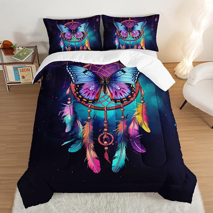 HOSIMA Dream Catcher Comforter Set 3Pcs for Teens Adults Girls Room Decor,Boho Comforter Set Queen Size Bed Native American Gypsy Butterfly Bedding Indian Hippie Feather Comforter.