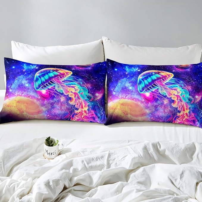 Purple Galaxy Duvet Cover Twin Size, Glowing Jellyfish and Starry Space Nebula Planets Print Bedding Set with 1 Pillowcase, Universe and Sea Creatures Theme Comforter Cover for Kids Teens