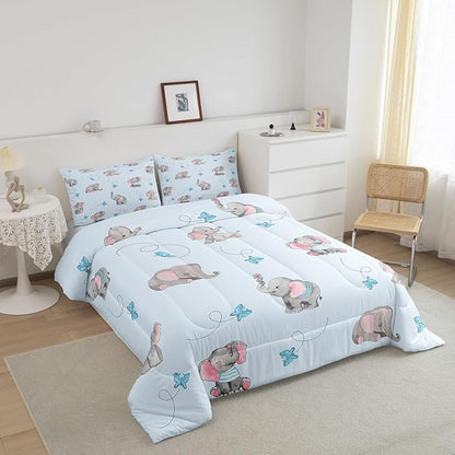 Cute Elephant Kids Bedding Sets Blue Butterfly Cartoon Wildlife Reversible Comforter for Boys Watercolor Grey Pink Animal Quilt Set Soft Duvet Insert,1 Pillowcase Toddler Size