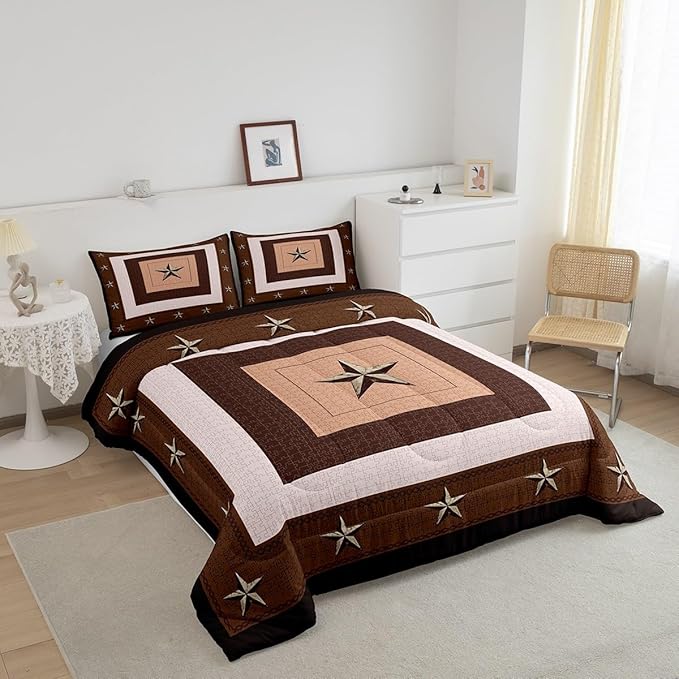 Feelyou Western Decor Comforter Set King Size Western Texas Star Print Comforter Cowboy Bedding Set Southwestern Native Aztec Duvet Set Room Decor Beige Brown Quilt Set