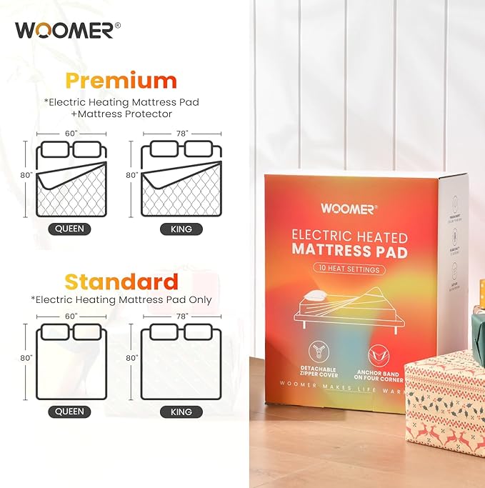 WOOMER Heated Mattress Pad Queen Dual Control - 60"x80" Electric Mattress Pad, 1-10 Heat Settings, 0.5-12H Auto Shut-Off, Removable Velvet Cover, 18" Deep Pocket, ETL Certified, Grey