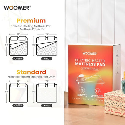 WOOMER Heated Mattress Pad King Dual Control - 78"x80" Electric Mattress Pad, 1-10 Heat Settings, 0.5-12H Auto Shut-Off, Removable Velvet Cover, 18" Deep Pocket, ETL Certified, Grey