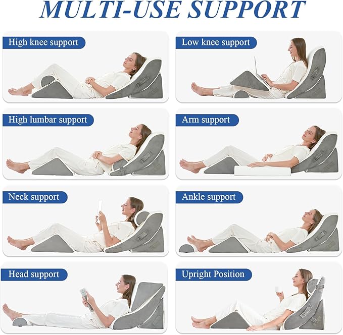 4PCS Orthopedic Bed Wedge Pillow Set, Post Surgery 45D Memory Foam for Back, Neck, and Leg Pain Relief Pleasing & Adjustable Support Pillows-Ease Acid Reflux & GRED with Better Sleep,White Light Grey