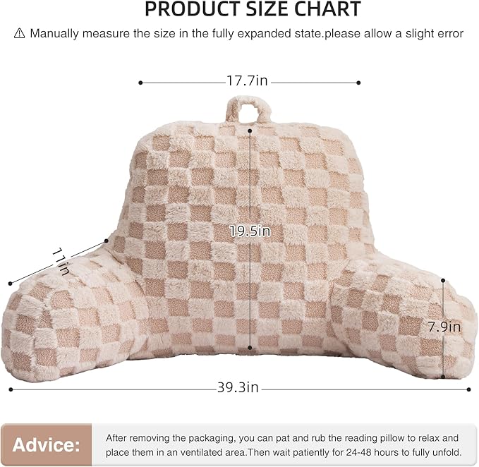 Aimuan Reading Pillow Checkered Bed Rest Wedge Backrest Checkerboard Pillow with Arms Back Support for Sitting Up in Bed Cushion Incline Rest Sleeping Snoring Pillow (Beige,Large)
