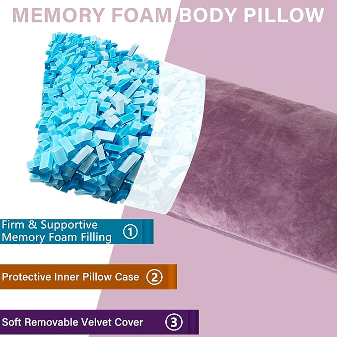 Body Pillow, Memory Foam Body Pillows for Adults Sleeping, Long Pillow for Bed, Big Large Firm Full Body Pillow for Side Sleeper, 20x54 Inch, Dark Purple