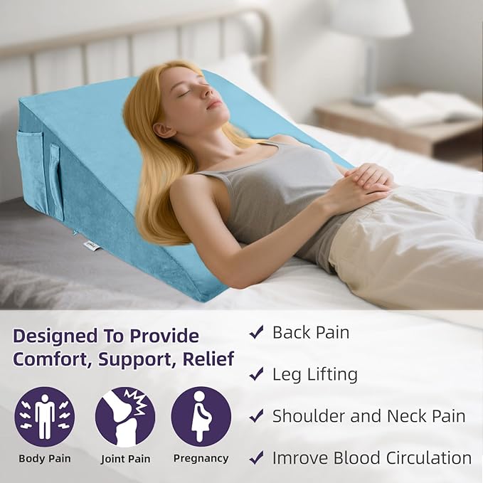 Memory Foam Bed Wedge Pillow (10"x24"x24") - Acid Reflux & Back Pain Relief, Anti-Snoring Incline Design, Removable Washable Cover for Sleep & Post-Surgery Support