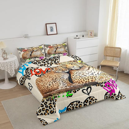 Leopard Comforter Set King Size,Family Cheetah Bedding Set 3pcs for Kids Teens Boys Room Decor, Africa Wild Animals Quilt Set Fashion Watercolor Graffiti Heart Duvet Insert with 2 Pillowcases