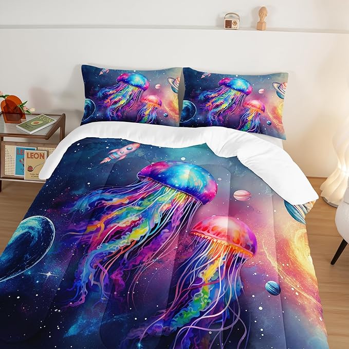 Glowing Jellyfish Comforter Set Full Size,Galaxy Space Planet Rocket Print Comforter Set for Kids Teens Boys Girls Room Decor,Universe Sea Creatures Bedding with 2 Pillowcases.